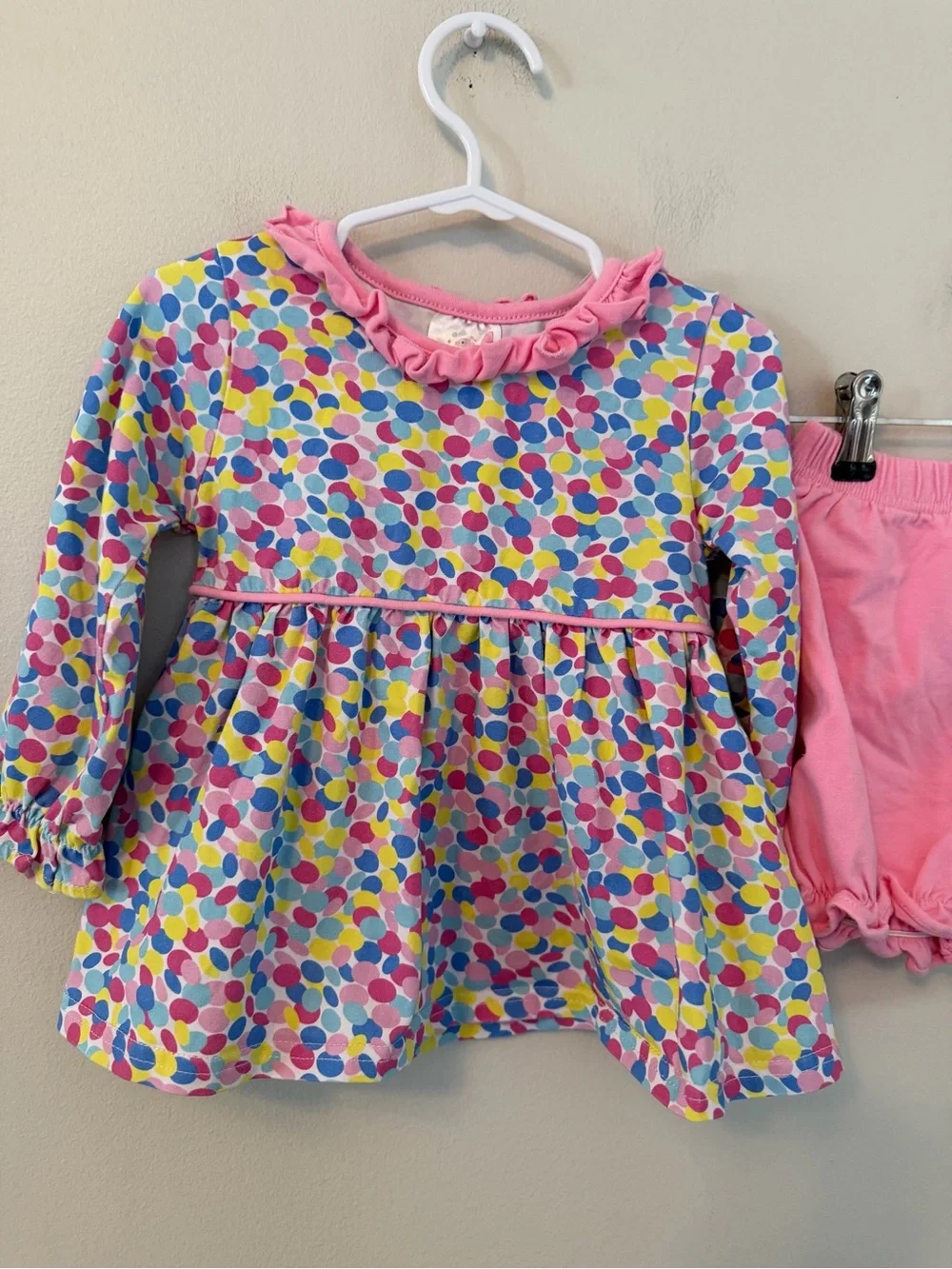 Stitchy Fish Pink Multicolor Dot Dress & Bloomers Set
